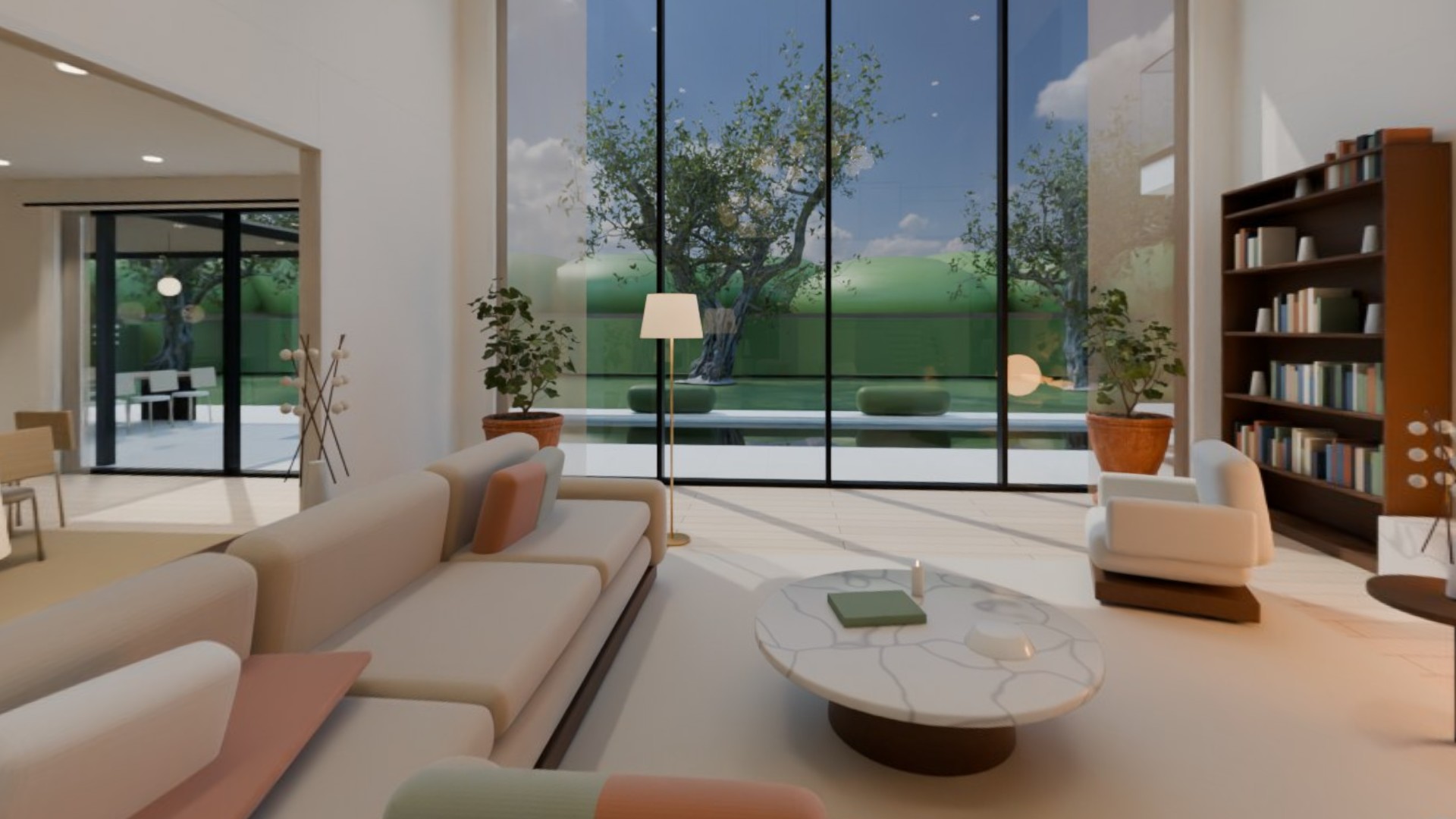 Double-height living room in daylight