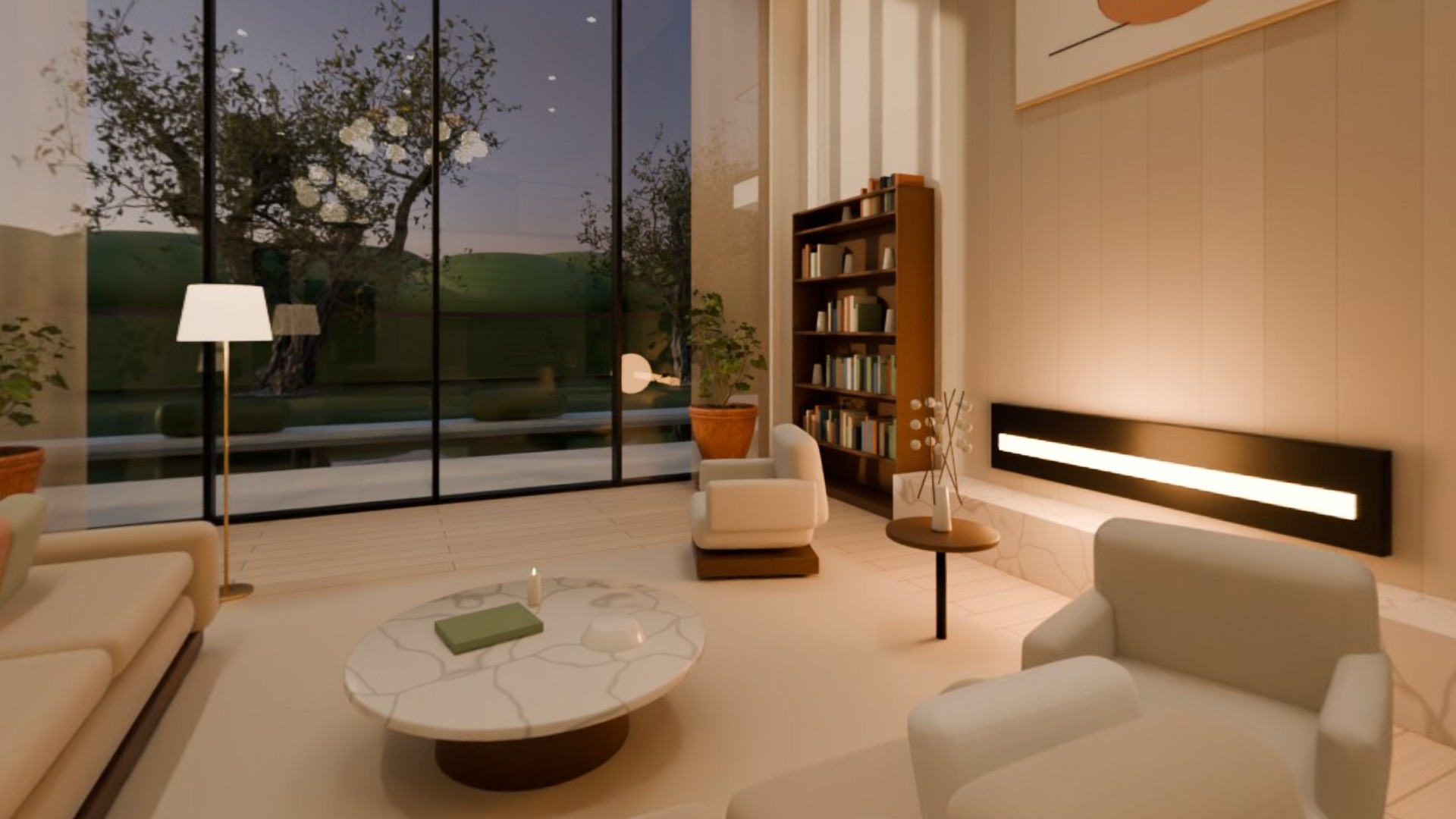 Living room in the evening with the fireplace lit